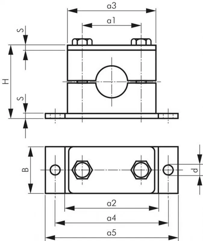Zeichnung Hydac Rohrschelle Edelstahl schwere Baureihe DIN 3015 T2 mit Elastomereinsatz für Hydraulik- und Pneumatikleitungen